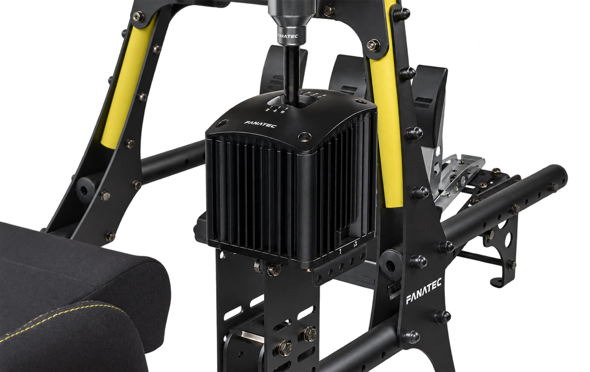 Fanatec shifter and handbrake mounted beside the seat on a CSL Cockpit